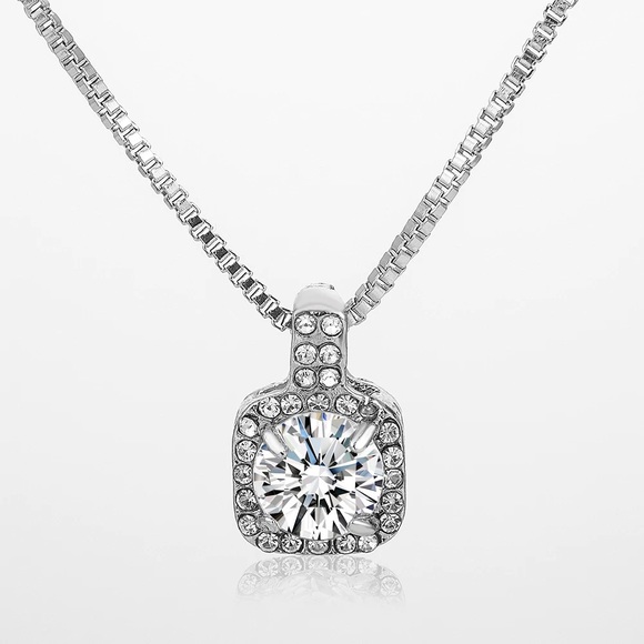 Square Rhinestone Pendant Chain Necklace in Silver - Picture 7 of 7